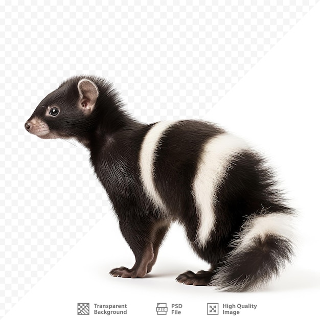 PSD a black and white ferret is standing on a white background with a black and white stripe.