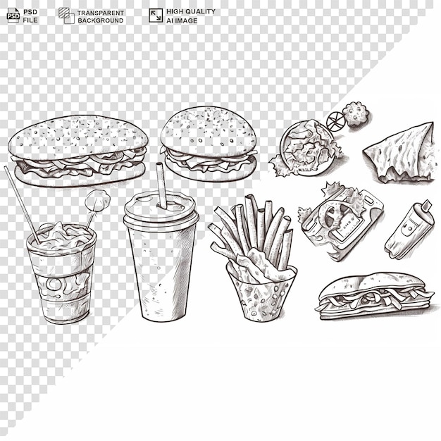 PSD black and white food collection transparent background