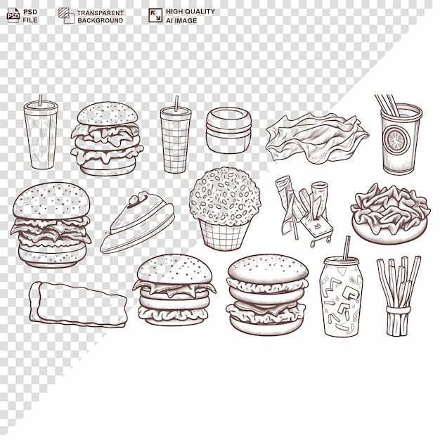 PSD black and white food collection transparent background