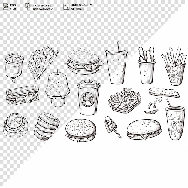 PSD collezione di alimenti in bianco e nero sullo sfondo trasparente