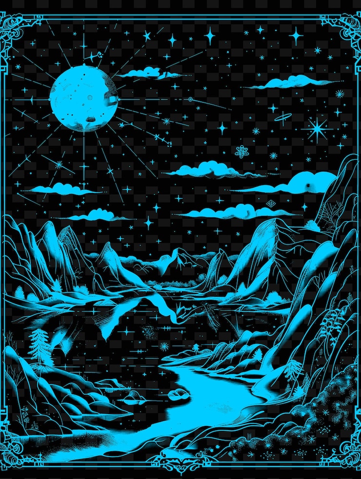 PSD a black and white illustration of a river and the moon