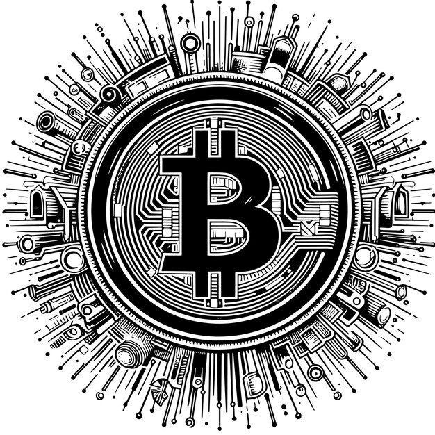 PSD black and white illustration of a single bitcoin coin