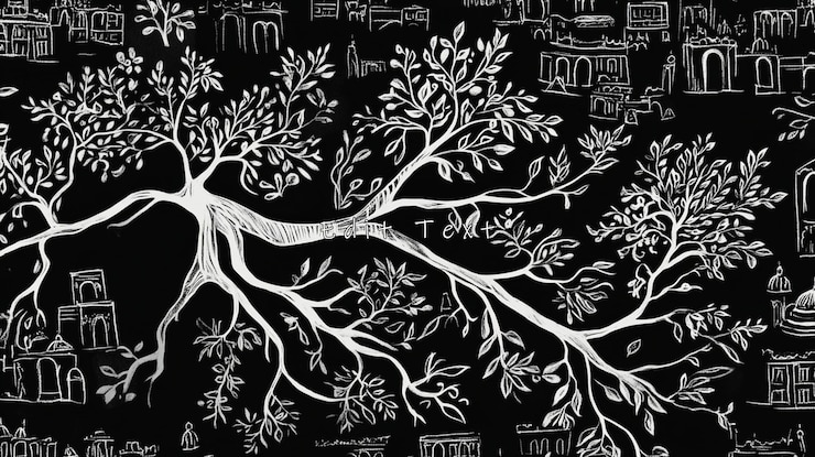 PSD black and white illustration of a sprawling tree with small building sketches in the background