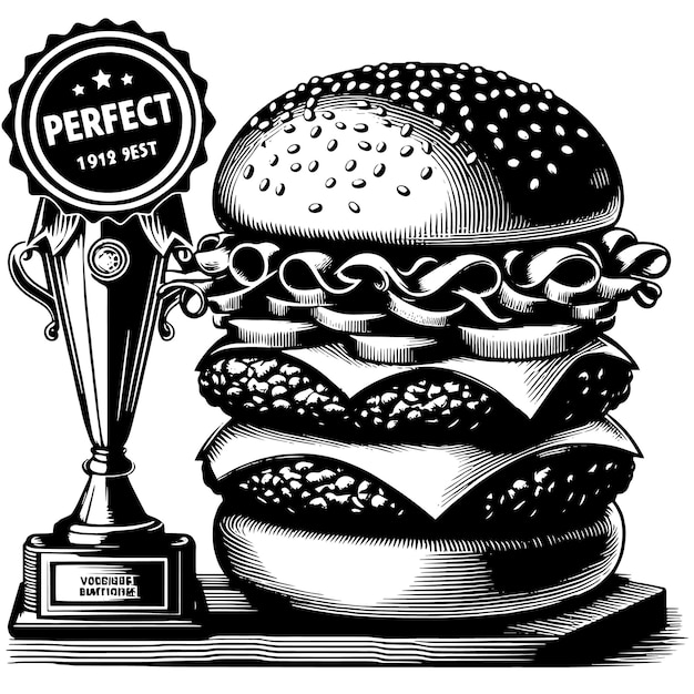 PSD black and white illustration of a tasty grilled cheeseburger