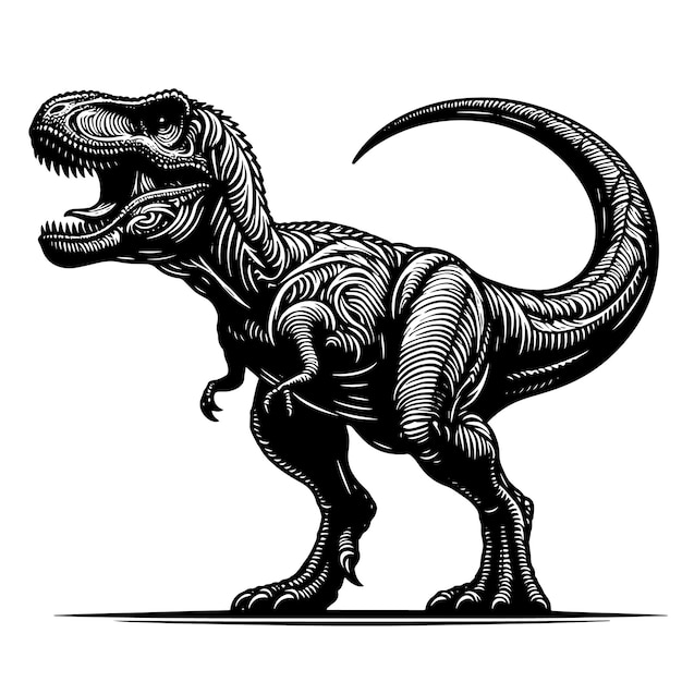 PSD black and white illustration of a trex dinosaur