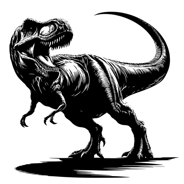 PSD black and white illustration of a trex dinosaur