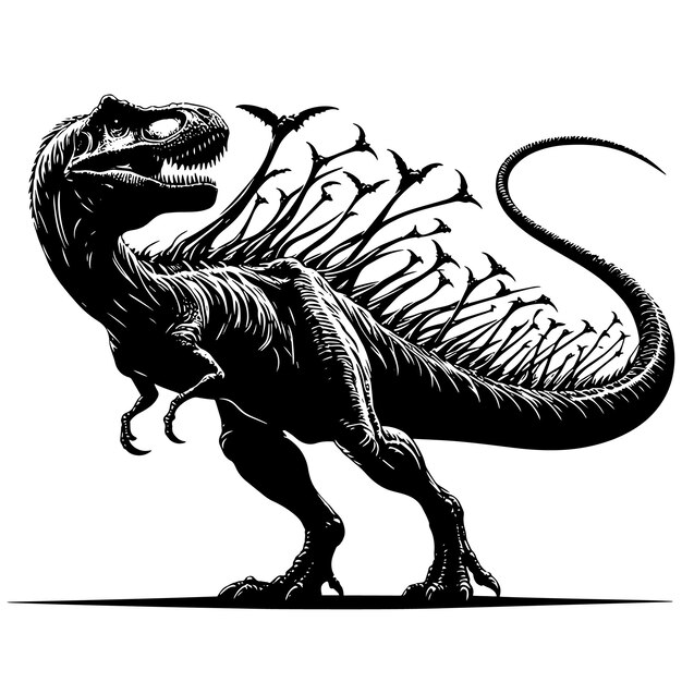 PSD black and white illustration of a trex dinosaur