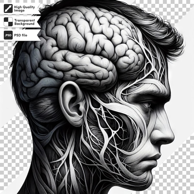 PSD a black and white image of a human head with the word brain on it