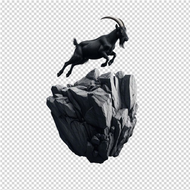 A black and white image of a mountain goat on a rock