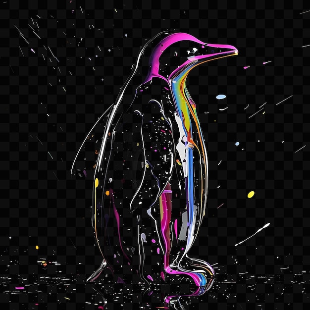 A black and white image of a penguin with a colorful beak and multicolored bubbles