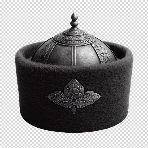 A black and white photo of a black container with a flower design on it