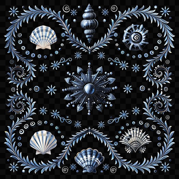 PSD a black and white photo of a blue and white shell and seashells