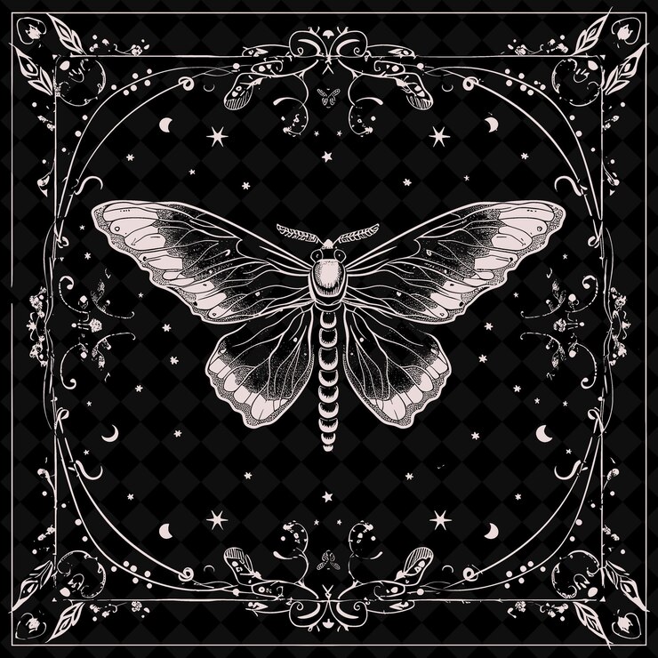 PSD a black and white photo of a butterfly with a pattern of stars and stars