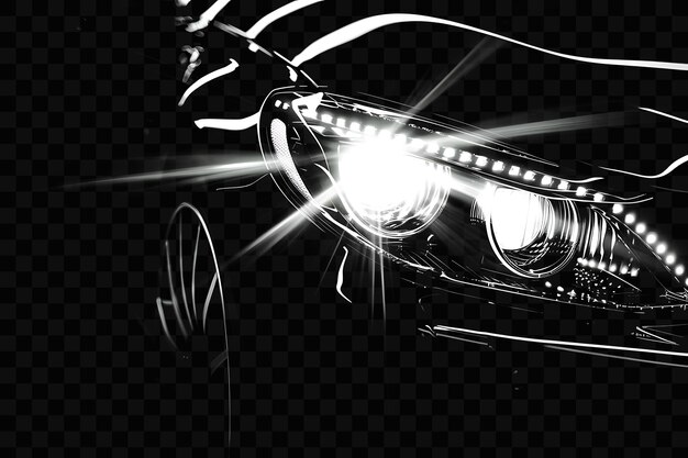 A black and white photo of a car with the headlights on