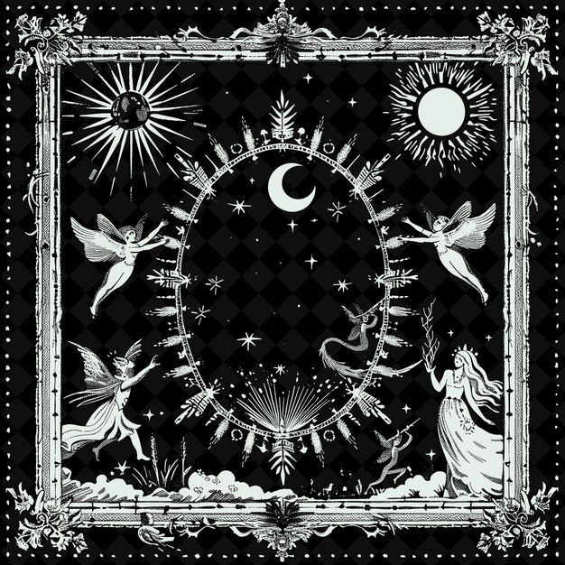 A black and white photo of a circle with angels and the moon