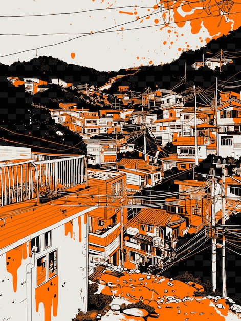 a black and white photo of a city with houses and power lines
