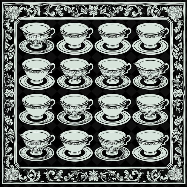 A black and white photo of a collection of teacups and cups