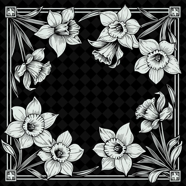 A black and white photo of flowers and a frame with a black background