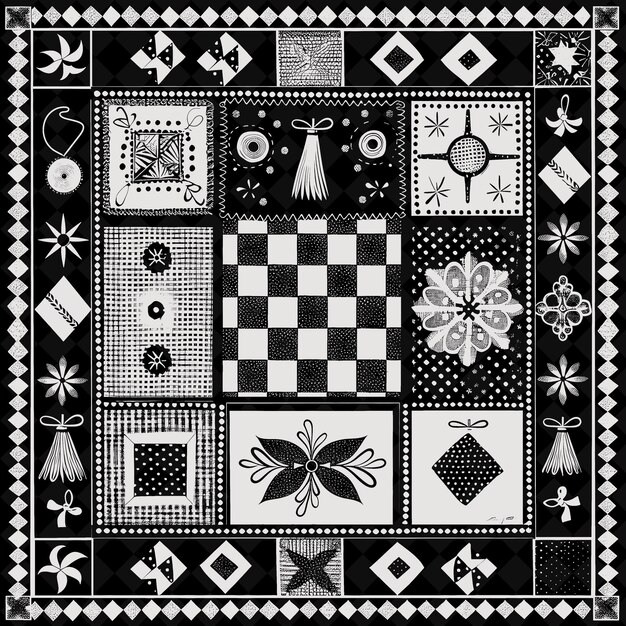 PSD a black and white photo of a quilt with a face on it