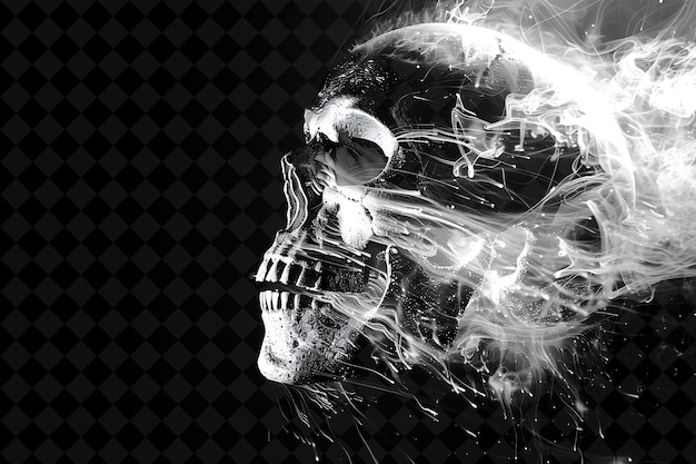A black and white photo of a skull with flames and a black background