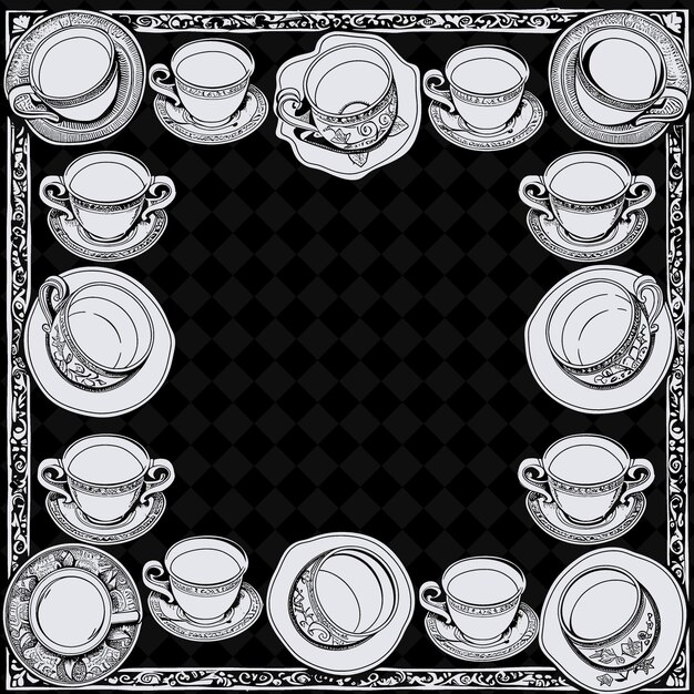 PSD a black and white photo of tea cups and saucers