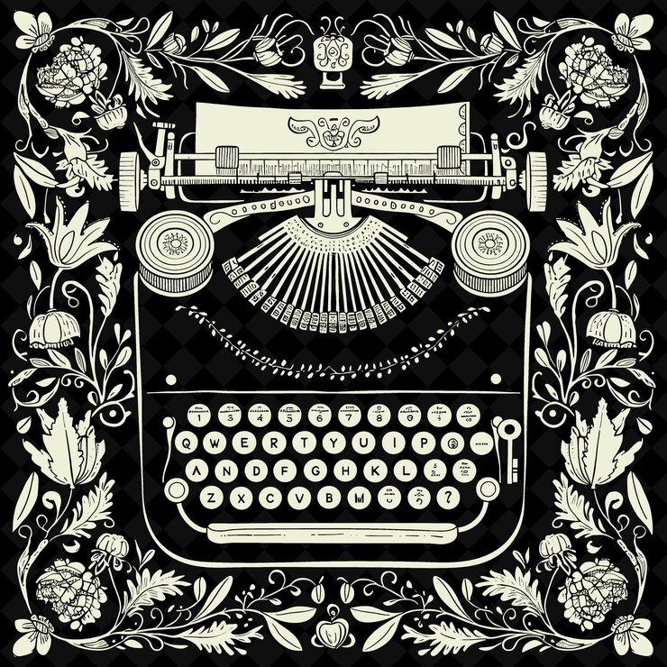 PSD a black and white photo of a typewriter with flowers and a picture of a crown