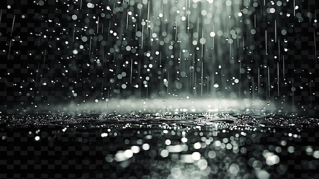 A black and white photo of water droplets with a light on the background