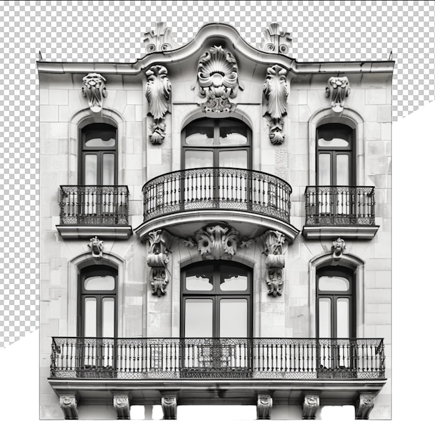 PSD a black and white picture of a building with a balcony and a large window