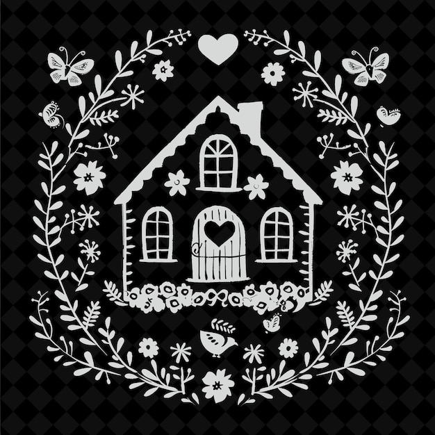 Una foto in bianco e nero di una casa con fiori e un cuore sul muro