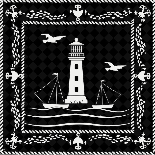 PSD a black and white picture of a lighthouse with seagulls flying around it