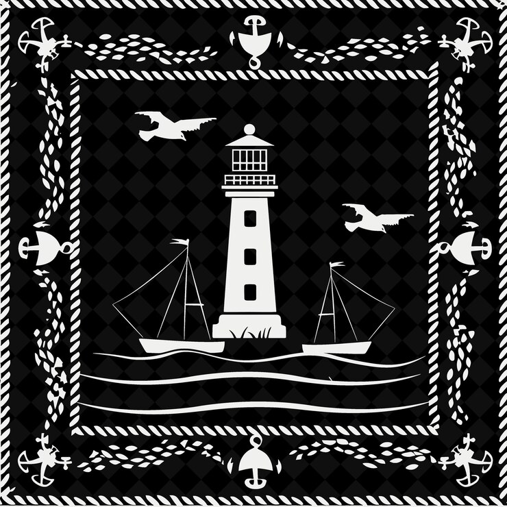 PSD a black and white picture of a lighthouse with seagulls flying around it