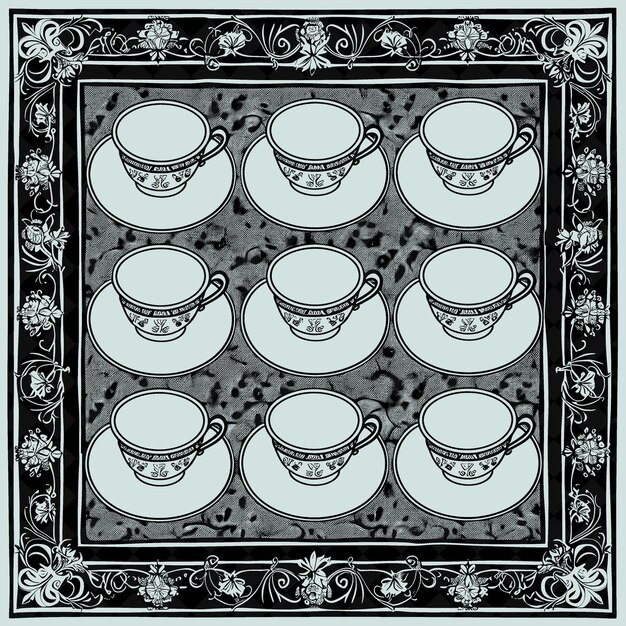 PSD a black and white picture of teacups and a black and white pattern