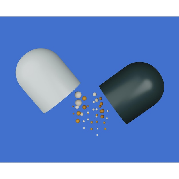 A black and white pill is shown against a blue and white background.