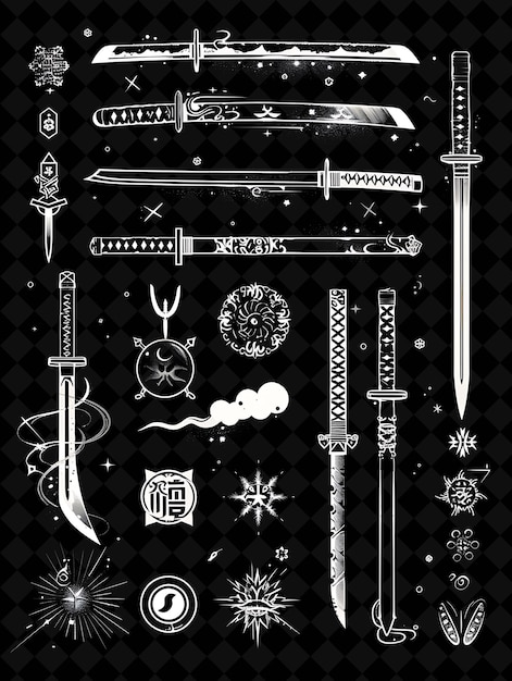 PSD a black and white poster of a sword and other items