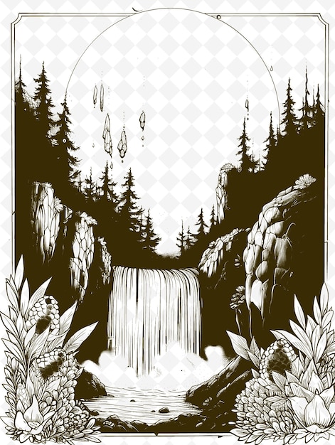 Un poster in bianco e nero per la cascata che è su uno sfondo bianco e nera