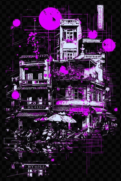 PSD a black and white poster with a picture of a building with a pink and purple design