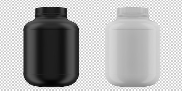 Bottiglie di plastica realistiche in bianco e nero di mockup di proteine del siero di latte
