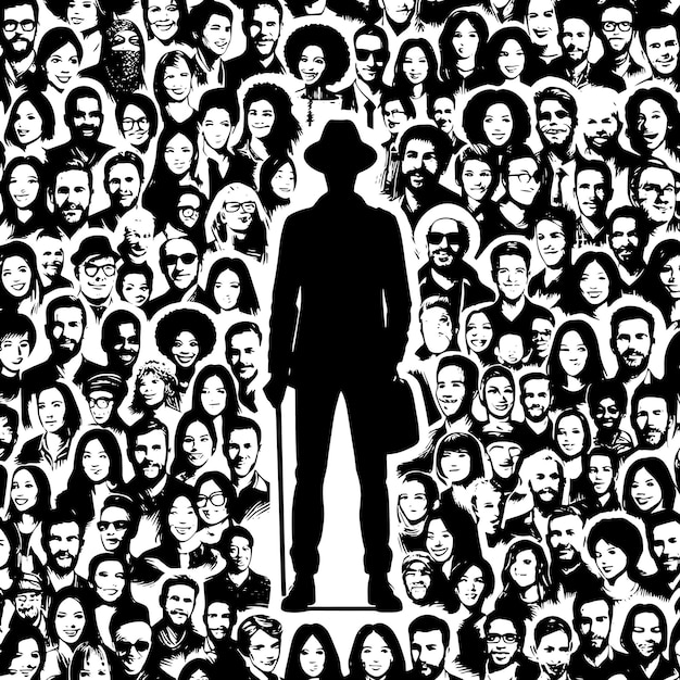 PSD black and white silhouette of a crowd of people around the world different ethnics diversitfication