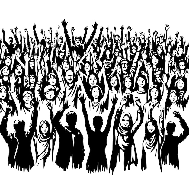 PSD silhouette in bianco e nero di persone affollate da tutto il mondo che alzano le mani in posizione vincente