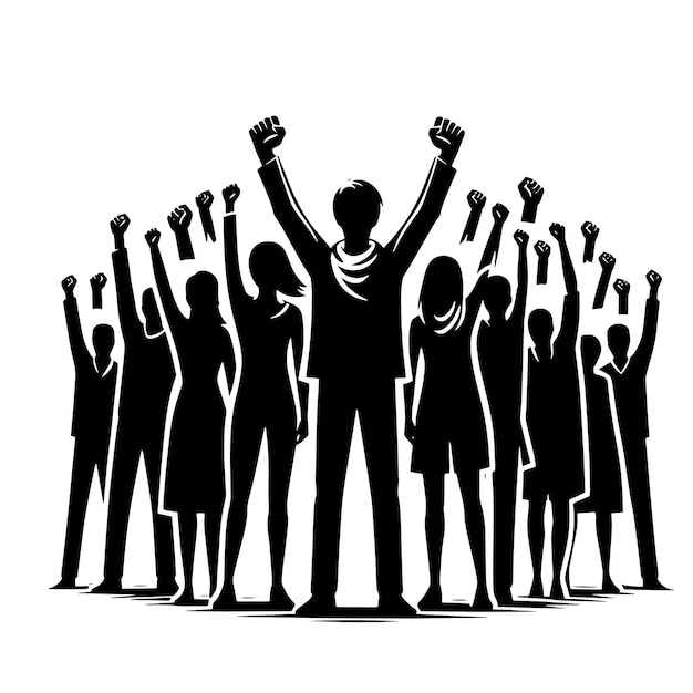 PSD silhouette in bianco e nero di persone affollate da tutto il mondo che alzano le mani in posizione vincente