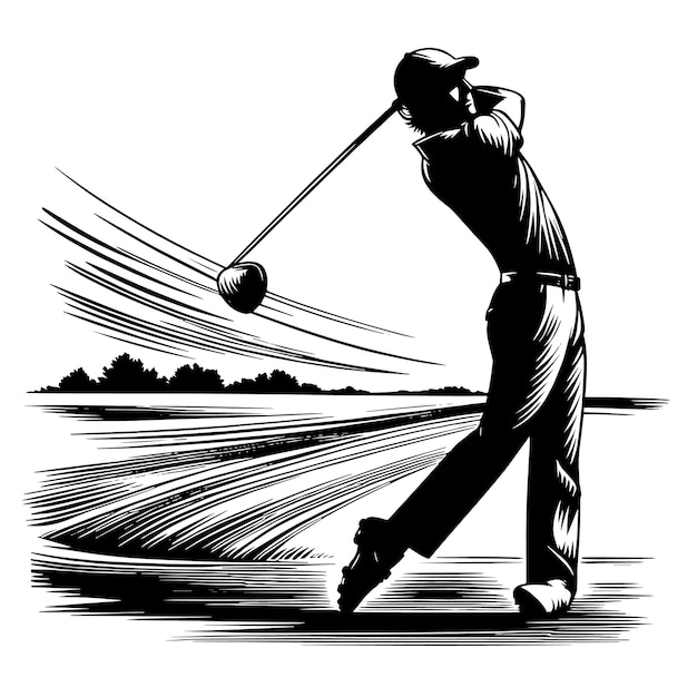 PSD black and white silhouette of a golf pro playing golf