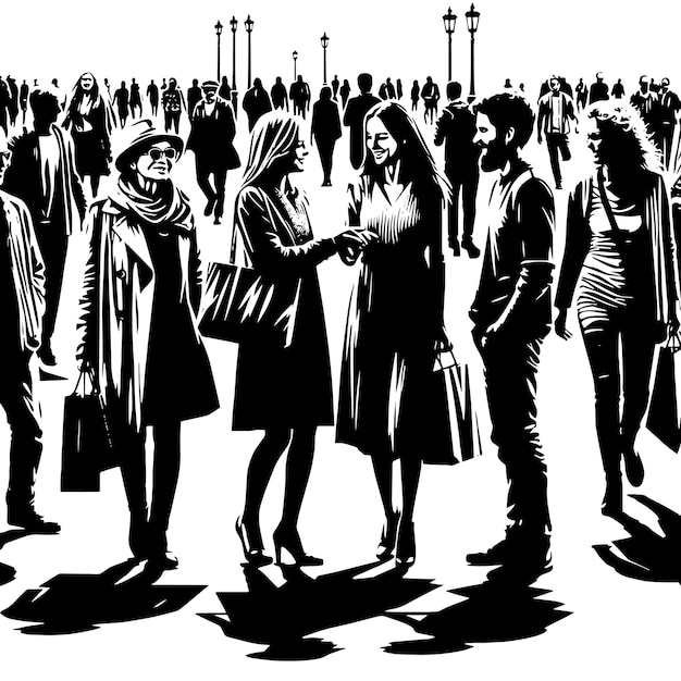 PSD black and white silhouette of a group of european people meeting greeting at the urban market