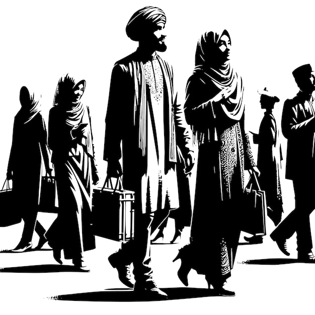 PSD black and white silhouette of a group of oriental and asian people meeting greeting at the urban market