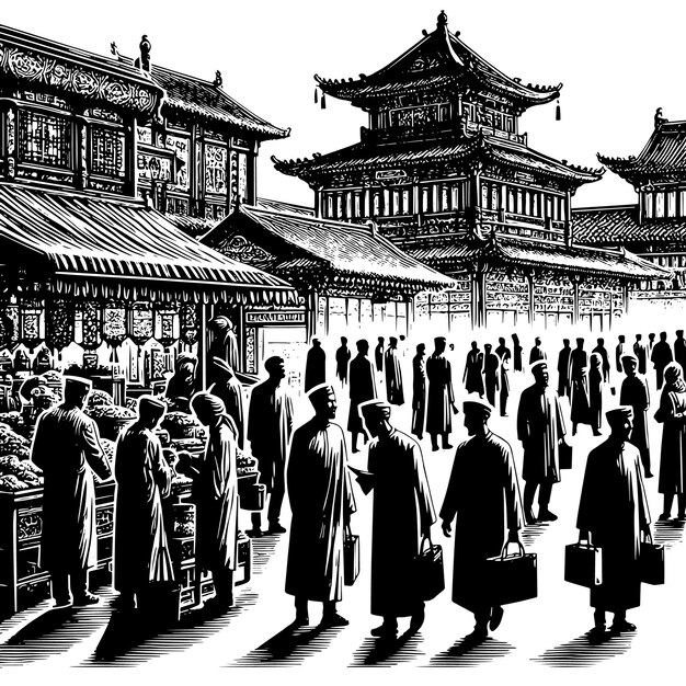 PSD black and white silhouette of a group of oriental and asian people meeting greeting at the urban market