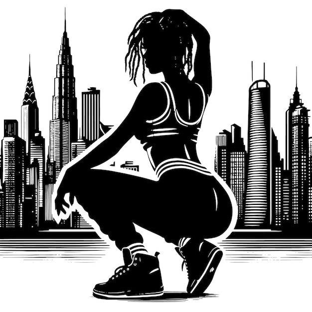 PSD black and white silhouette of a hiphop girl posing in front of a urban skyline