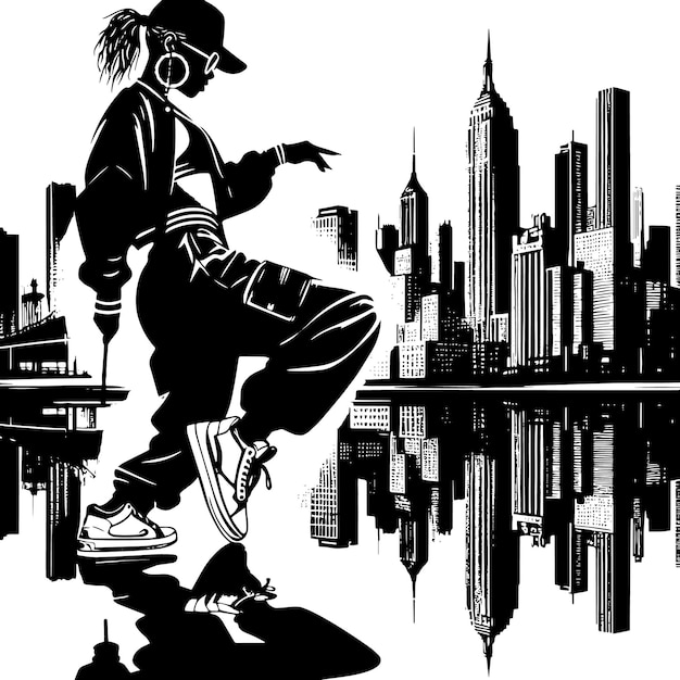 PSD black and white silhouette of a hiphop girl posing in front of a urban skyline