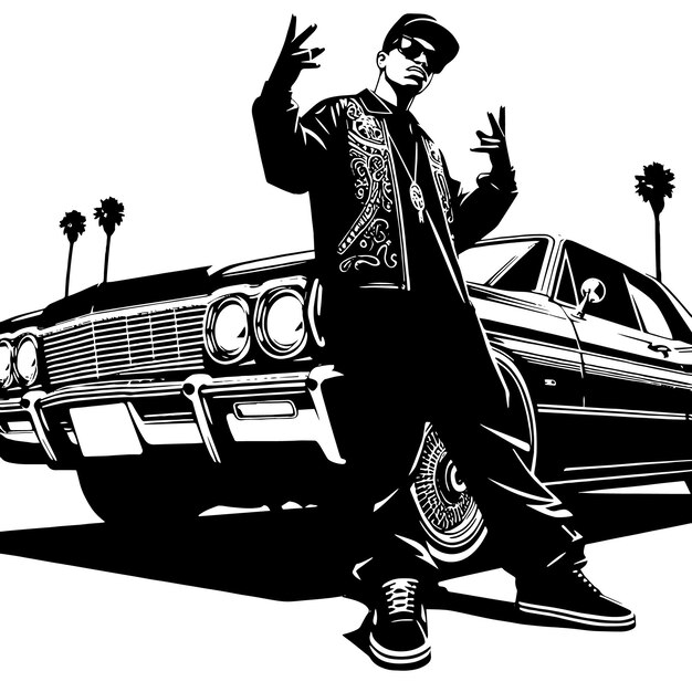 PSD silhouette in bianco e nero di un rapper hip hop che posa davanti a un chevrolet impala