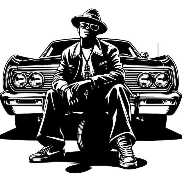 PSD silhouette in bianco e nero di un rapper hip hop che posa davanti a un chevrolet impala