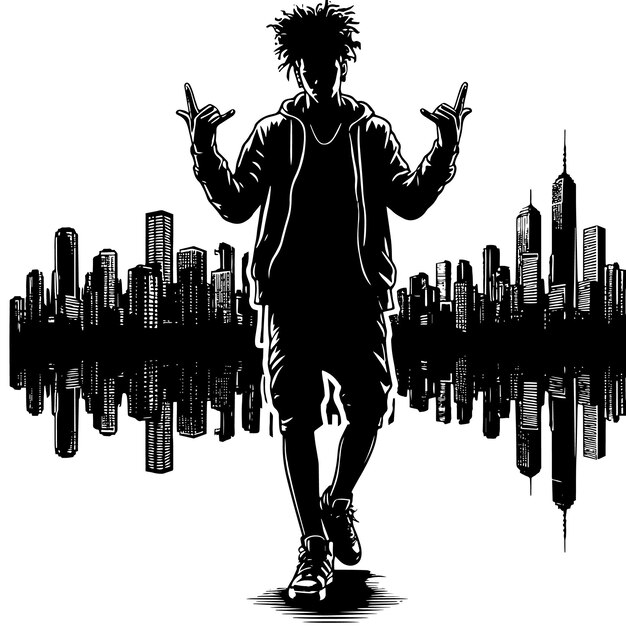 PSD silhouette in bianco e nero di un rapper hip hop che posa davanti a uno skyline urbano