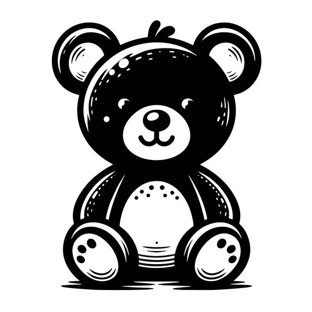 PSD black and white silhouette outline drawing of a white cute funny happy teddy bear